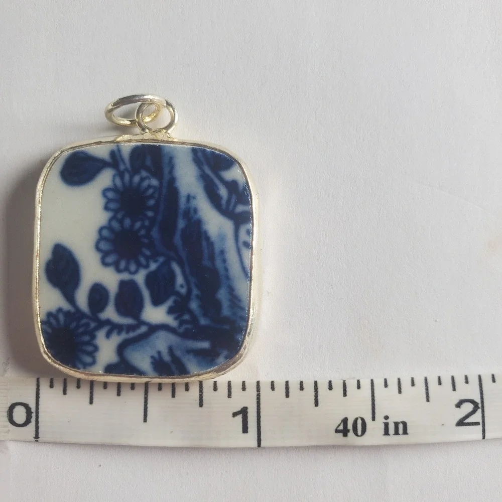Blue Willow Sunflowers Vintage Broken China Pottery Shard Pendant Square Jewelry